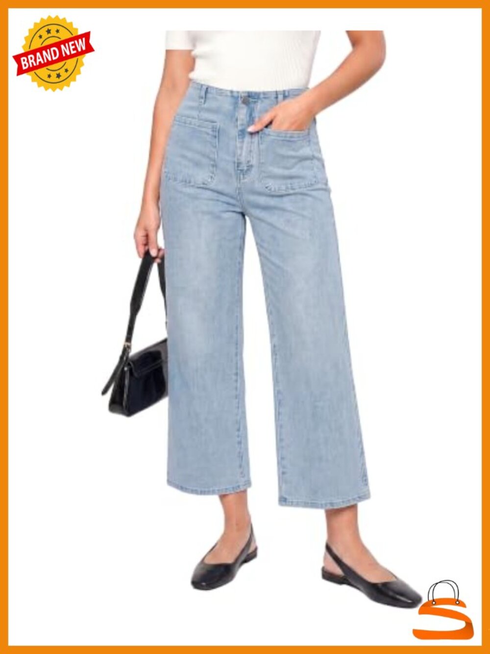 High Waisted Wide Leg Cropped Stretch Denim Jeans with Pockets